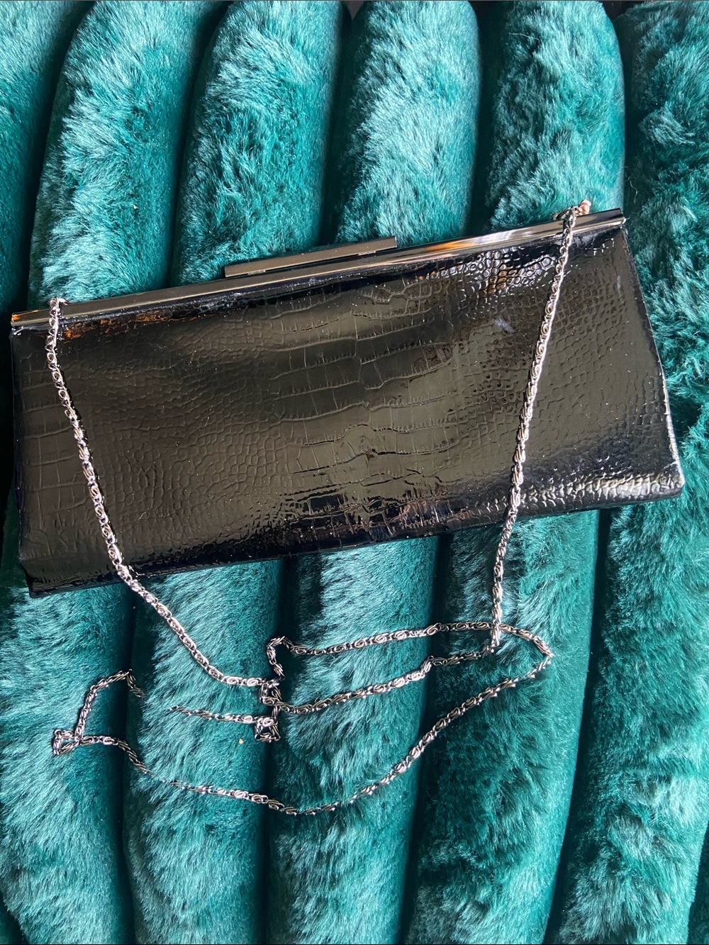 Kate Landry Black Patent Croc-Embossed Chain Clutch